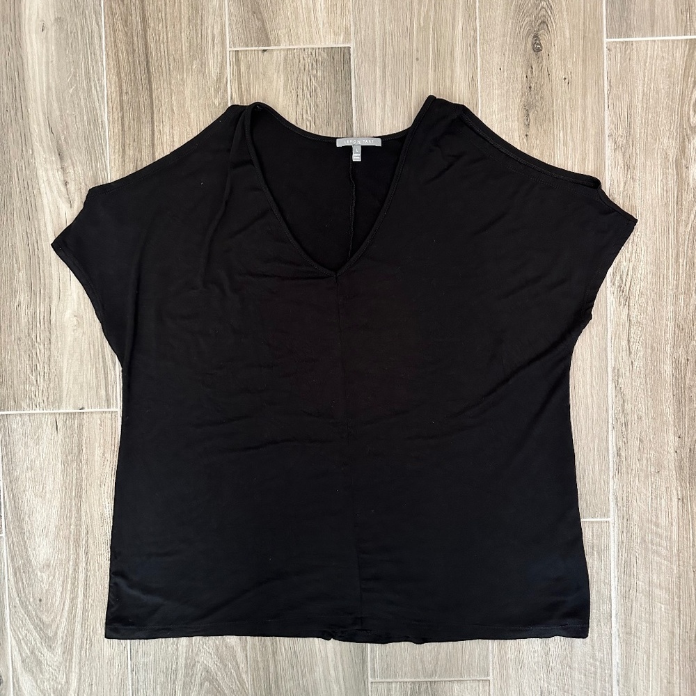 Lemon Tart Cold Shoulder V-Neck Top Black L Soft Rayon Knit